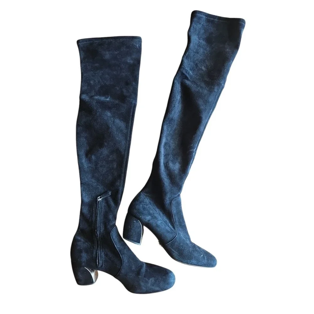 Women's Prada Black SUEDE Leather Over-the-knee Block Heel Round Toe Boots TP01